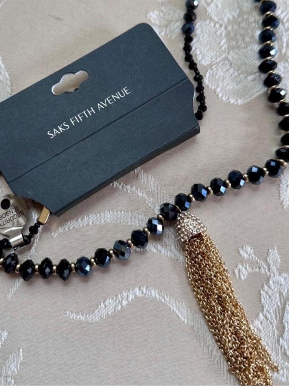 Saks Fifth Avenue Gold Chain Tassel Necklace with Black Beads - Women Jewelry